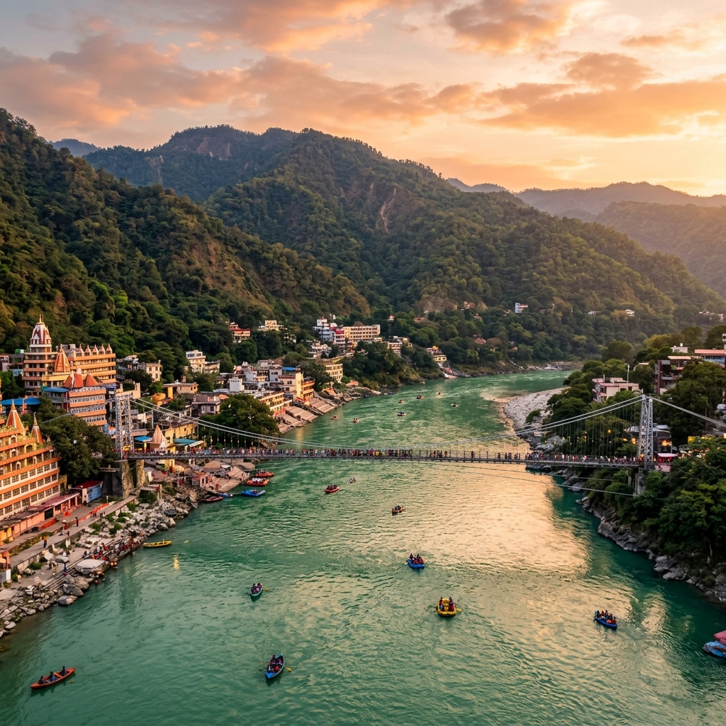 Rishikesh holy river Ganga and suspension bridge